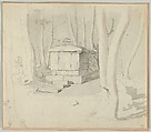A Stone Tomb in a Forest; verso: Study of a Flower, Christen Købke Danish, Graphite, pen or brush and brown ink, brush and gray ink, over graphite; verso: pen and black ink, watercolor, over graphite