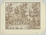 The Garden behind Schimmelmann's Mansion on Bredgade, Copenhagen, Heinrich Gustav Ferdinand Holm Danish, Pen and brown ink, brown wash, over graphite; framing line in pen and black ink, by the artist