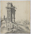 Capriccio of a Bridge with the Arcus Argentariorum by a Mediterranean Harbor, Johannes Abrahamsz Beerstraten  Dutch, Black chalk, graphite, brush and gray ink and wash; framing lines in black chalk
