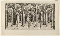 View in Fisheye perspective of a Hall with Columns and Cross Rib Vaulting, Hans Pesser  German, Engraving
