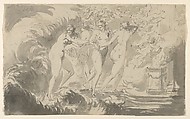 Four Nude Women Surrounded by Putti, Approaching an Altar, Carl August Ehrensvärd Swedish, Pen and gray ink, gray wash