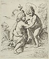 The young Saint John the Baptist kneeling before the young Christ who embraces him, a lamb at left, after Reni, Anonymous, 17th century, Etching