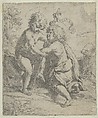 The young Saint John the Baptist kneeling before the young Christ who embraces him, a lamb at right, Guido Reni  Italian, Etching