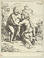 The young Saint John the Baptist kneeling before the young Christ who embraces him, a lamb at right, after Reni, Anonymous, 17th century, Etching