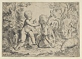 Young Saint John the Baptist kneeling before the infant Christ who caresses his face, the Virgin and Joseph in the background at right, after Reni, Anonymous, 17th century, Etching