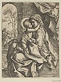 The Virgin seated with the Christ Child on her lap embracing her, Joseph seen through an archway at left, after Reni, Ventura Salimbeni  Italian, Etching