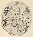 The Virgin with the infant Christ seated on a cushion and the young Saint John the Baptist at his feet, an oval composition, Guido Reni  Italian, Etching