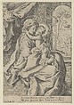 The Virgin seated with the Christ Child on her lap embracing her, St Joseph seen through an archway at right, after Reni, Anonymous, 17th century, Etching