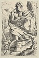Saint Jerome kneeling on a rock in front of a cross and an open book facing right, after Reni, Anonymous, 17th century, Etching
