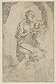 Saint Jerome kneeling on a rock in front of a cross and an open book facing right, after Reni, Anonymous, 17th century, Etching