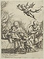 The Holy Family with young John the Baptist and Saint Elizabeth, two angels above, after Reni, Anonymous, 17th century, Etching