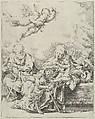 The Holy Family with young John the Baptist and Saint Elizabeth, two angels above, after Reni, Anonymous, 17th century, Etching