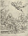 The Holy Family with young John the Baptist and Saint Elizabeth, two angels above, after Reni, Flaminio Torre (Torri) Italian, Etching