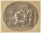 Oedipus before the Temple of the Furies between his Daughters Antigone and Ismene, Anton Raphael Mengs  German, Pen and brown ink, bown wash, heightened with white gouache, over graphite