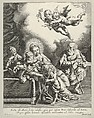 The Holy Family with young John the Baptist and Saint Elizabeth, two angels above, after Reni, Anonymous, 17th century, Engraving