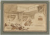 Fragonard and his Companions aboard a Boat on the Rhine, Jean Honoré Fragonard (French, Grasse 1732–1806 Paris), Pen and brown ink, brush and brown wash over black chalk underdrawing