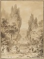 Italian Garden with Cypresses, Jean Honoré Fragonard (French, Grasse 1732–1806 Paris), Brush and brown wash with touches of white gouache over black chalk