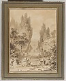 Italian Garden with Cypresses, Jean Honoré Fragonard (French, Grasse 1732–1806 Paris), Brush and brown wash with touches of white gouache over black chalk