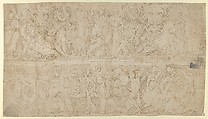 Sheet with Drawings after Roman relief decorations from objects in the Collection of Cardinal Bruto della Valle. Recto: Friezes from Roman Sarcophagi with Dyonisus; Marble Funerary Relief of Lucius Antistius Sarculo and his wife Antistia Plutia, Anonymous, Italian, 16th century, Pencil and ink on paper