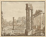 Roman Forum, Anonymous, Italian, 17th century Italian, Pen and black ink, brush and brown wash; framing lines in brush and black wash