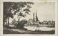 Town with a church across a river, Tancrède Abraham  French, Etching and drypoint