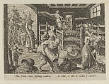 The Gathering of Mulberry Leaves and the Feeding of the Silkworms, Plate 5 from "The Introduction of the Silkworm" [Vermis Sericus], Karel van Mallery  Netherlandish, Engraving