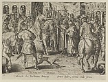 Emperor Justinian Receiving the First Imported Silkworm Eggs from Nestorian Monks, Plate 2 from "The Introduction of the Silkworm" [Vermis Sericus], Karel van Mallery  Netherlandish, Engraving