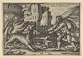 Hercules Capturing Cerberus, from "The Labors of Hercules", Sebald Beham German, Engraving
