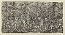 Battle Between Peasants and Naked Men in a Forest, Master NH  German, Woodcut