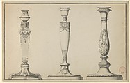 Three Designs for Candlesticks, Henri Auguste  French, Pen and black ink, brush and gray wash, with framing lines in pen and black ink