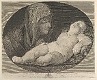 The Virgin in prayer, looking at the sleeping infant Christ, in an oval frame, after Reni, Engraved by Simon Francis Ravenet, the elder (French, Paris 1706–1774 London), Engraving and etching