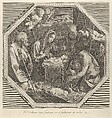 The adoration of the shepherds who kneel together at right before the infant Christ, the Virgin and Saint Joseph at left, two angels above, in an octagonal frame, after Reni, Francois de Poilly (French, Abbeville 1623–1693 Paris), Engraving