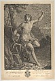 Saint John the Baptist in the desert, seated on a rock and pointing upward with his left hand, a lamb at his right, after Reni, Pedro Pascual Moles (Spanish, Valencia 1741–1797 Barcelona), Engraving
