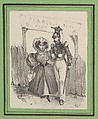 Soldier with a woman on his arm in front of a wodden gate, Victor Adam French, Lithograph