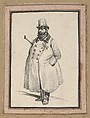 Man wearing a coat and a hat with a cane under his arm, Victor Adam French, Lithograph