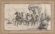 Five horses pulling a carriage with passengers, Victor Adam French, Lithograph