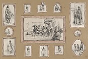 13 mounted prints depicting a carriage scene at center surrounded by various men, Victor Adam French, Lithograph