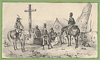 Soldiers gathered in front of a church with priests and a crucifix, Victor Adam French, Lithograph