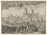 Entrance of William III into The Hague (Inhaling van S.K. Maj. aende Westeynder brug door de E.A. Magistraet van s'Gravenhage / Reception de sa Majesté au pont du Westende) from Bidloo, Inkomste van Koning Willem III, Romeyn de Hooghe Dutch, Etching