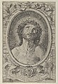 Head of Christ with crown of thorns, in an oval frame with a ribbon above and banderole below, after Reni, Cajetanus Urbinas  Italian, Etching