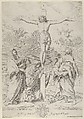 Christ on the cross, Saint John the Baptist at right, Mary Magdelene and the Virgin at left, after Reni, Gian Battista Bolognini Italian, Etching