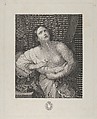 Cleopatra looking upwards while holding an asp in her right hand and clutching at her stomach with her left, a bowl of figs at left, after Reni, Giovanni Rivera  Italian, Engraving