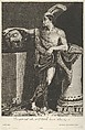 David standing with crossed legs and holding the head of Goliath on a pedestal at left, a sword on the ground, after Reni, Gilles Rousselet  French, Engraving
