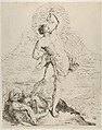 Samson holding the jaw bone of an ass over his head and standing next to the Philistines he has just killed, more dead bodies in the background, a tapered composition with rounded top, after Reni, Flaminio Torre (Torri) Italian, Etching