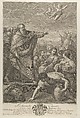 Moses at left with the Israelites who gather manna as it falls from the sky, two angels above, after Reni, Benedetto Eredi  Italian, Engraving