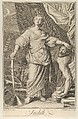 Judith standing and looking up, holding the head of Holofernes in her left hand and a sword in her right, tents in the background, after Reni, Nicolas Gabriel Dupuis  French, Engraving and etching