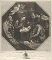 The infant Christ lying on a wooden box, the Virgin kneeling in prayer before him, Saint Joseph at left, shepherds at right, in an octagonal frame, after Reni, Jean-Baptiste Michel  French, Engraving