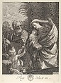 The Flight into Egypt; the Holy Family walking together, Saint Joseph pointing to the left and the Virgin carrying the infant Christ, an angel in front of her offering a flower, after Reni, Francois de Poilly  French, Engraving