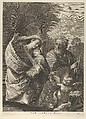The Flight into Egypt; the Holy Family walking together, Saint Joseph pointing to the right and the Virgin carrying the infant Christ, an angel in front of her offering a flower, after Reni, Anonymous, Engraving