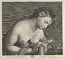 Erigone leaning over a platter of grapes and lifting a piece of cloth with both hands, after Reni, Cornelius Vermeulen Dutch, Engraving and etching